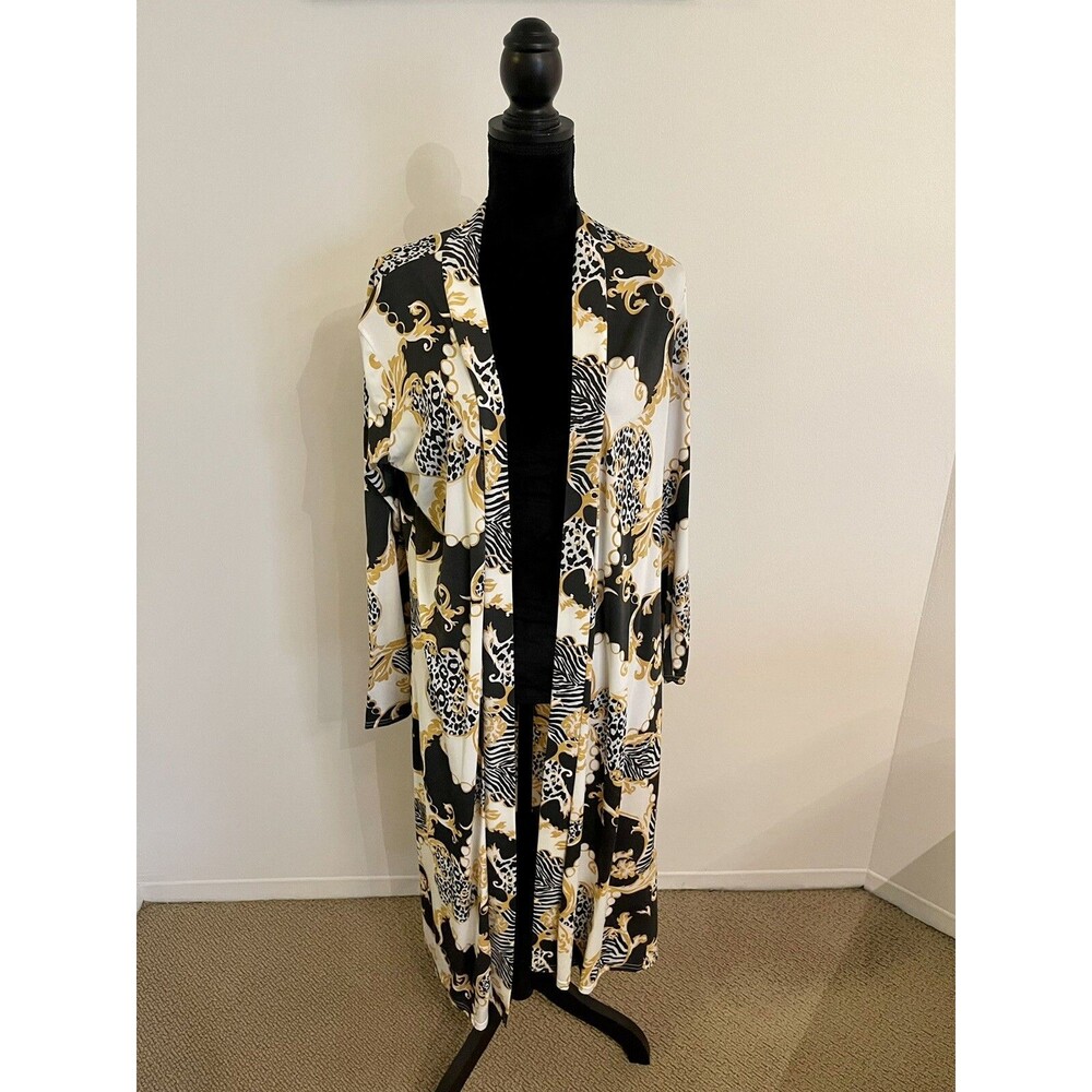 Boohoo Women's Black Gold Chain Print Kimono Long Sleeve Size L NEW